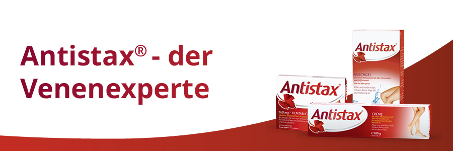 Verschiedene Antistax® Produkte. Frischgel, Creme und Tabletten. Rote und weiße Verpackungen mit Logo und Produktinformationen.